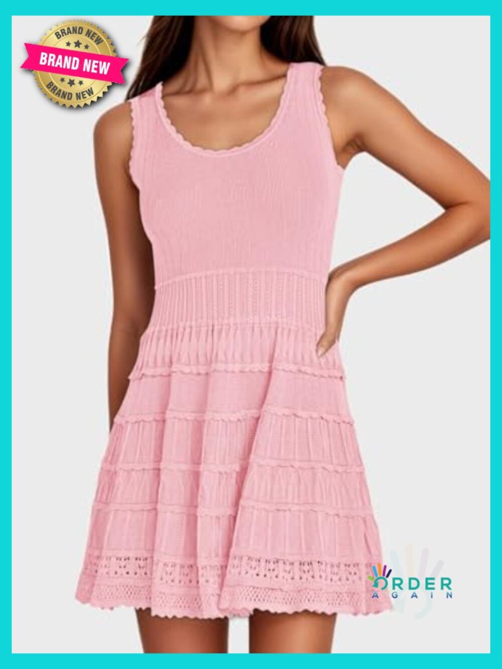 Flowy Knit Crochet Hem Tank Sundress Casual Sleeveless Mini Dress Bohemian - Picture 5 of 7